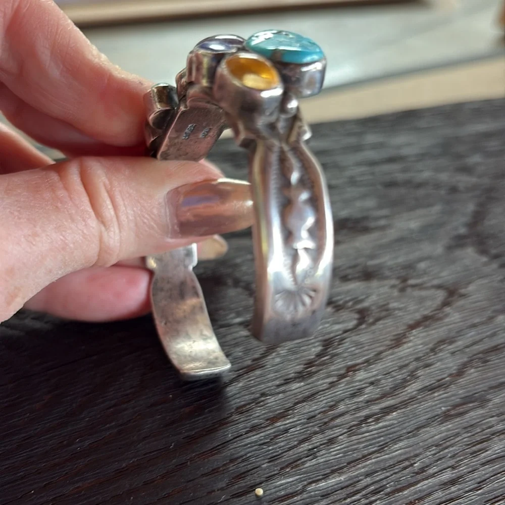 Native American Navajo Nakai sterling Multi Gemstone Silver Cuff Bracelet OS